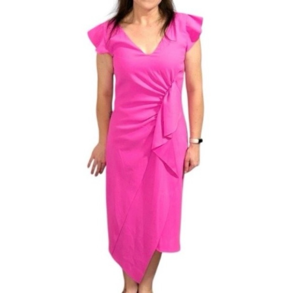 Pinko Ruffle Wrap Dress Sz 8 - Bright Pink - Asymmetrical Hem Midi Wrap